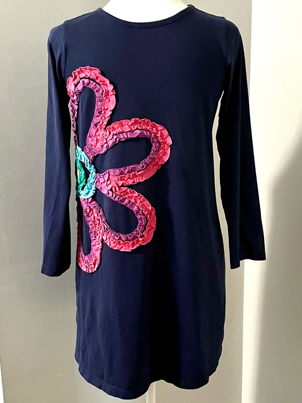 Hannah Andersson Kids Size 14 Navy Tunic Dress with Large Pink Flower Applique